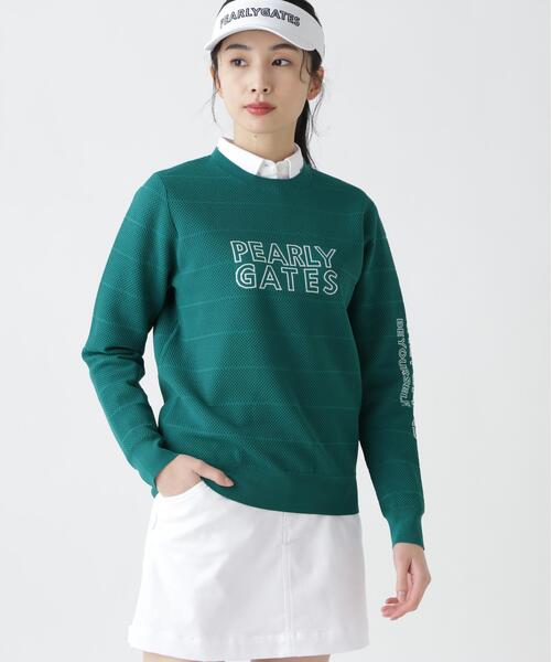PEARLY GATES(パーリーゲイツ)の「【PEARLY GATES】PG is PG ロゴジャガードクルーネックニットプルオーバー(ニット/セーター・レディース・ネイビー/ホワイト/グリーン・MEDIUM/SMALL/LARGE)」の2枚目の写真