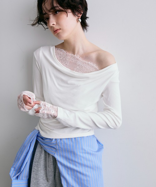 Trish(トリッシュ)の「レースレイヤード風2wayドレープカットソー(Tシャツ/カットソー・レディース・チャコールグレー/ホワイト・FREE)」の2枚目の写真