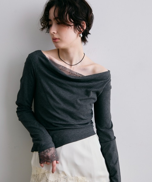 Trish(トリッシュ)の「レースレイヤード風2wayドレープカットソー(Tシャツ/カットソー・レディース・チャコールグレー/ホワイト・FREE)」の1枚目の写真