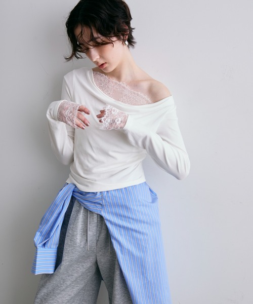 Trish(トリッシュ)の「レースレイヤード風2wayドレープカットソー(Tシャツ/カットソー・レディース・チャコールグレー/ホワイト・FREE)」の3枚目の写真