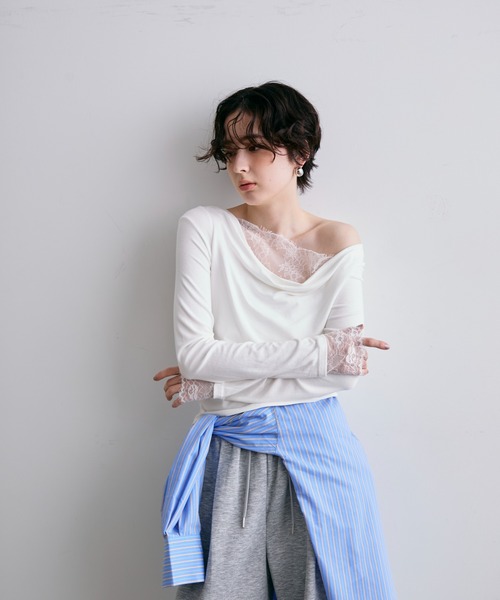 Trish(トリッシュ)の「レースレイヤード風2wayドレープカットソー(Tシャツ/カットソー・レディース・チャコールグレー/ホワイト・FREE)」の5枚目の写真