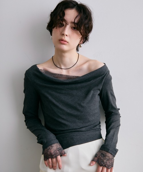 Trish(トリッシュ)の「レースレイヤード風2wayドレープカットソー(Tシャツ/カットソー・レディース・チャコールグレー/ホワイト・FREE)」の16枚目の写真