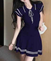 配色ラインリボンミニワンピース