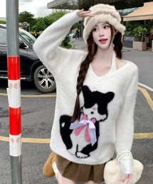 Vini | Ribbon Cat Vネック シャギー ニット(ニット/セーター)