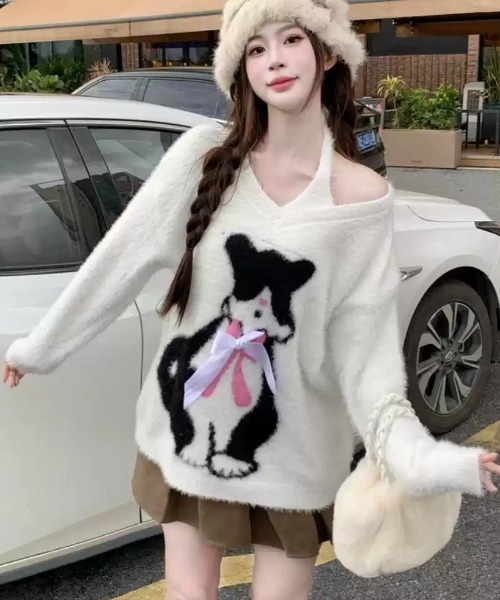 Vini（ヴィニ）の「Ribbon Cat Vネック シャギー ニット（ニット/セーター・レディース・ホワイト・FREE）」の2枚目の写真