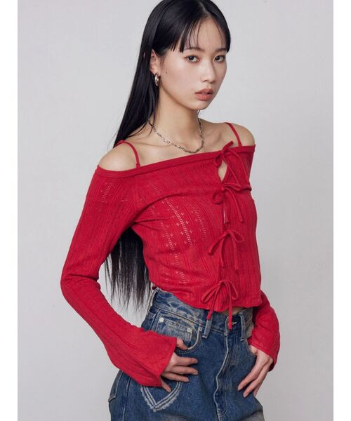 EMODA（エモダ）の「ホールリボン2WAYニット（ニット/セーター・レディース・レッド/ホワイト/グレー・FREE）」の14枚目の写真