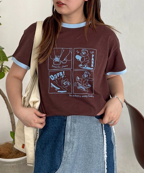 CPCM（シーピーシーエム）の「スラブリンガーT（Tシャツ/カットソー・レディース・ブラウン/ピンク/オフホワイト/ネイビー・FREE）」の2枚目の写真