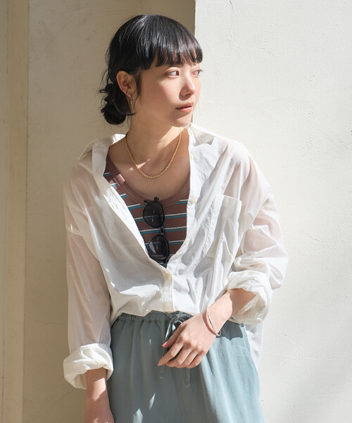 FREAK'S STORE(フリークスストア)の「インドボイル 長袖 シアーシャツ/ストライプシャツ/チェックシャツ(シャツ/ブラウス・レディース・その他/コーラルピンク/チャコール/オフホワイト/ブルー・SMALL/MEDIUM)」の9枚目の写真