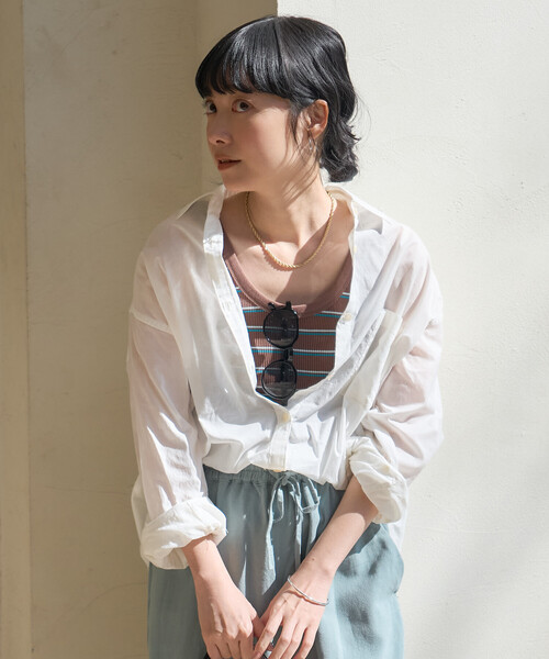 FREAK'S STORE(フリークスストア)の「インドボイル 長袖 シアーシャツ/ストライプシャツ/チェックシャツ(シャツ/ブラウス・レディース・その他/コーラルピンク/チャコール/オフホワイト/ブルー・SMALL/MEDIUM)」の10枚目の写真