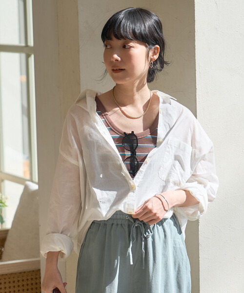 FREAK'S STORE(フリークスストア)の「インドボイル 長袖 シアーシャツ/ストライプシャツ/チェックシャツ(シャツ/ブラウス・レディース・その他/コーラルピンク/チャコール/オフホワイト/ブルー・SMALL/MEDIUM)」の12枚目の写真