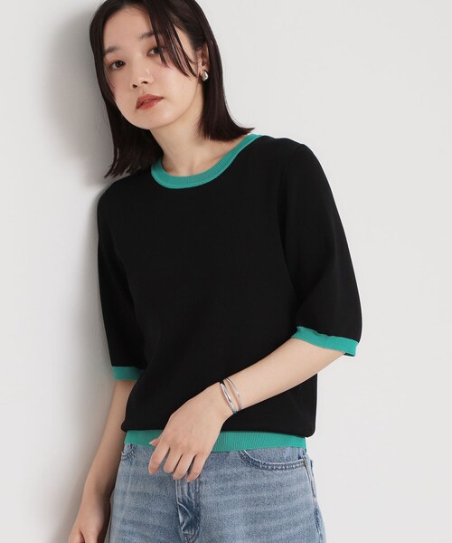 THE SHOP TK (ザ ショップ ティーケー )の「【ひんやり/洗濯機OK/毛玉になりにくい/UV】さりげないラインで品よく映える 配色5分袖ニット(ニット/セーター・レディース・アイボリー系4/ブラック系4/ダークブラウン系4・12/13)」の2枚目の写真