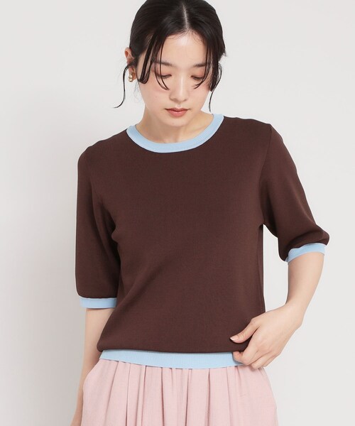 THE SHOP TK (ザ ショップ ティーケー )の「【ひんやり/洗濯機OK/毛玉になりにくい/UV】さりげないラインで品よく映える 配色5分袖ニット(ニット/セーター・レディース・アイボリー系4/ブラック系4/ダークブラウン系4・12/13)」の1枚目の写真