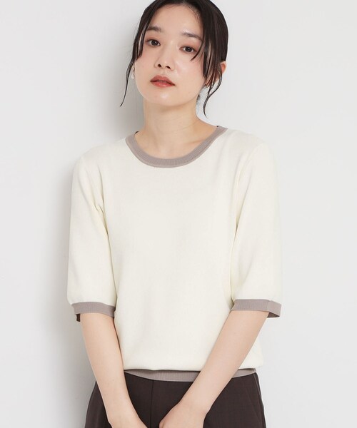 THE SHOP TK (ザ ショップ ティーケー )の「【ひんやり/洗濯機OK/毛玉になりにくい/UV】さりげないラインで品よく映える 配色5分袖ニット(ニット/セーター・レディース・アイボリー系4/ブラック系4/ダークブラウン系4・12/13)」の3枚目の写真
