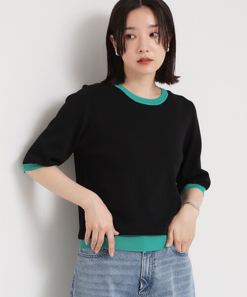 THE SHOP TK (ザ ショップ ティーケー )の「【ひんやり/洗濯機OK/毛玉になりにくい/UV】さりげないラインで品よく映える 配色5分袖ニット(ニット/セーター・レディース・アイボリー系4/ブラック系4/ダークブラウン系4・12/13)」の8枚目の写真