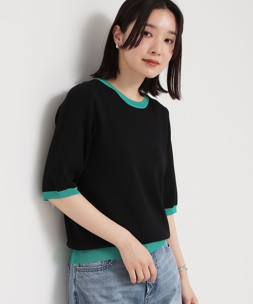 THE SHOP TK (ザ ショップ ティーケー )の「【ひんやり/洗濯機OK/毛玉になりにくい/UV】さりげないラインで品よく映える 配色5分袖ニット(ニット/セーター・レディース・アイボリー系4/ブラック系4/ダークブラウン系4・12/13)」の9枚目の写真