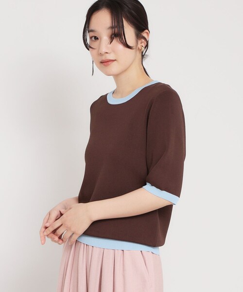 THE SHOP TK (ザ ショップ ティーケー )の「【ひんやり/洗濯機OK/毛玉になりにくい/UV】さりげないラインで品よく映える 配色5分袖ニット(ニット/セーター・レディース・アイボリー系4/ブラック系4/ダークブラウン系4・12/13)」の12枚目の写真