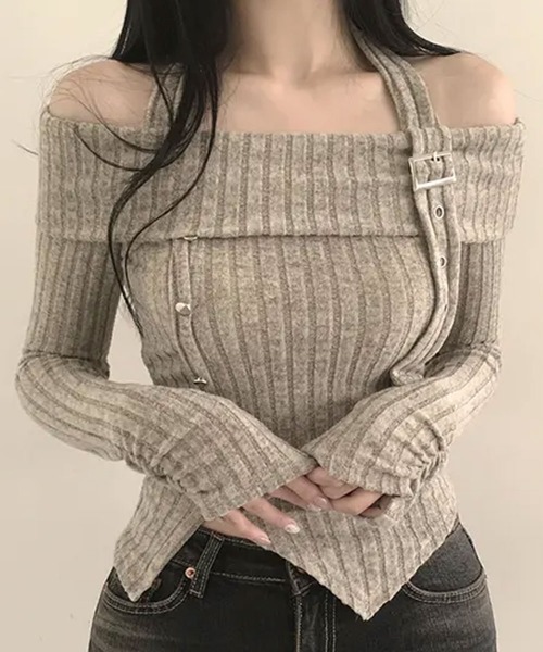 Emilie(エミリー)の「オフショルダー×ホルターネック リブニット(ニット/セーター・レディース・ベージュ/チャコールグレー/ピンク・FREE)」の19枚目の写真