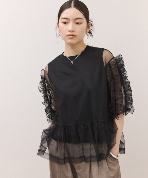 ADAM ET ROPE'(アダムエロペ)の「【サステナブル】フリルギャザーチュールトップス(Tシャツ/カットソー・レディース・ブラック/ホワイト/ブラウン・FREE)」の9枚目の写真