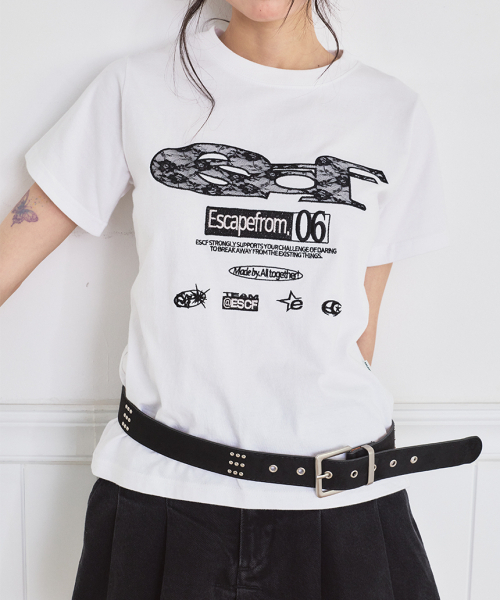 ESCAPEFROM（エスケープフロム）の「レース ESCFロゴコラージュアプリケスタンダードフィット半袖Tシャツ [2色]（Tシャツ/カットソー・レディース・ホワイト/ブラック・MEDIUM）」の9枚目の写真