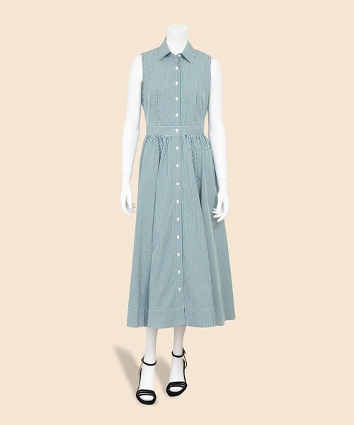 BROOKS BROTHERS(ブルックスブラザーズ)の「コットンポプリン ストライプ ノースリーブ シャツドレス(ワンピース・レディース・グリーン・LARGE/MEDIUM/SMALL/X-SMALL)」の3枚目の写真