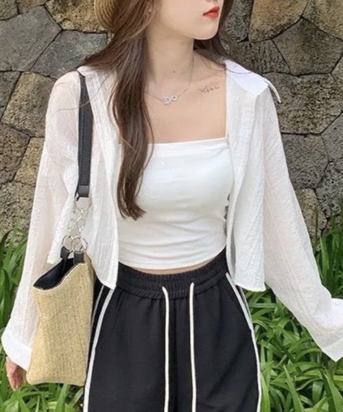 Teem Store(チームストア)の「【26年春夏新作】楊柳短丈シアーシャツ 日差し対策 紫外線対策 冷房対策 体型カバー(シャツ/ブラウス・レディース・ホワイト/ピンク/アイボリー/ブルー・S/M)」の1枚目の写真