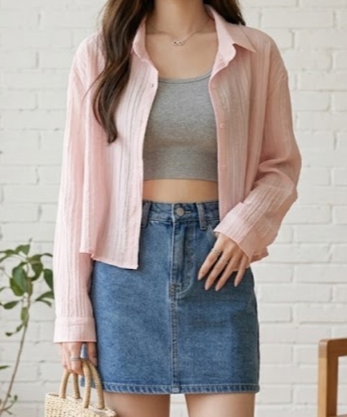 Teem Store(チームストア)の「【26年春夏新作】楊柳短丈シアーシャツ 日差し対策 紫外線対策 冷房対策 体型カバー(シャツ/ブラウス・レディース・ホワイト/ピンク/アイボリー/ブルー・S/M)」の6枚目の写真