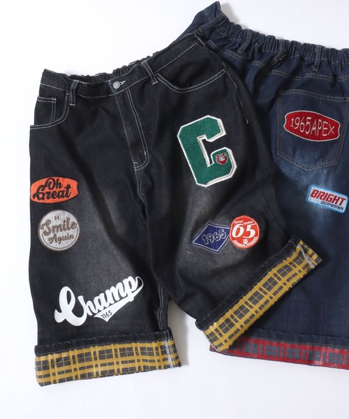 SITRY(シトリー)の「Street Design Patch & Print Roll Up Denim Wide Short Pants/ストリートデザイン ワッペン&プリント ロールアップ ワイドデニム ショートパンツ ハーフーパンツ ショーツ(その他パンツ・メンズ・ブラック/インディゴブルー/ブラック系その他/ブルー系その他・L/M)」の3枚目の写真