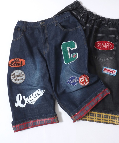 SITRY(シトリー)の「Street Design Patch & Print Roll Up Denim Wide Short Pants/ストリートデザイン ワッペン&プリント ロールアップ ワイドデニム ショートパンツ ハーフーパンツ ショーツ(その他パンツ・メンズ・ブラック/インディゴブルー/ブラック系その他/ブルー系その他・L/M)」の4枚目の写真