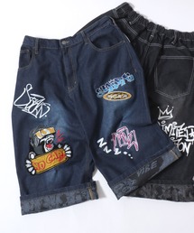 Street Design Patch & Print Roll Up Denim Wide Short Pants/ストリートデザイン ワッペン&プリント ロールアップ ワイドデニム ショートパンツ ハーフーパンツ ショーツ