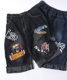 Street Design Patch ＆ Print Roll Up Denim Wide Short Pants/ストリートデザイン ワッペン＆プリント ロールアップ ワイドデニム ショートパンツ ハーフーパンツ ショーツ