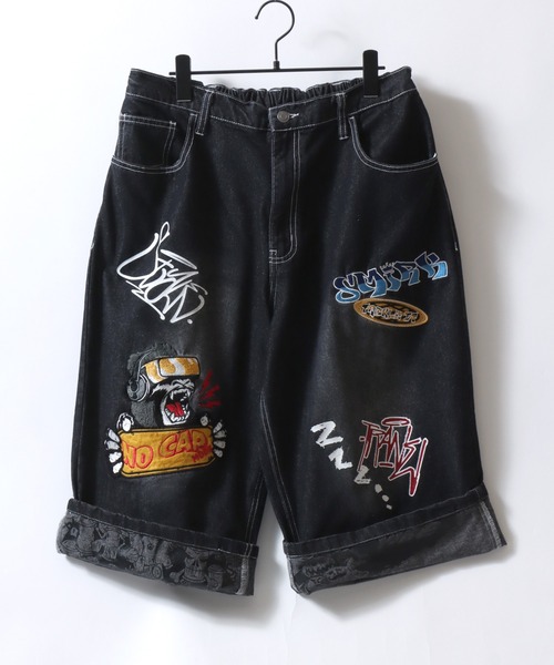 SITRY(シトリー)の「Street Design Patch & Print Roll Up Denim Wide Short Pants/ストリートデザイン ワッペン&プリント ロールアップ ワイドデニム ショートパンツ ハーフーパンツ ショーツ(その他パンツ・メンズ・ブラック/インディゴブルー/ブラック系その他/ブルー系その他・L/M)」の5枚目の写真