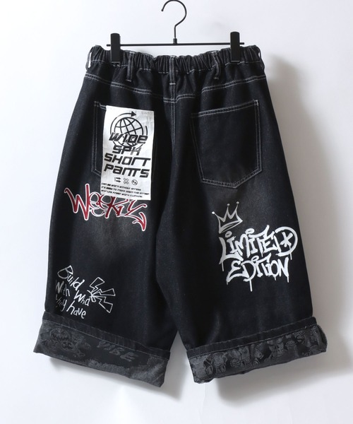 SITRY(シトリー)の「Street Design Patch & Print Roll Up Denim Wide Short Pants/ストリートデザイン ワッペン&プリント ロールアップ ワイドデニム ショートパンツ ハーフーパンツ ショーツ(その他パンツ・メンズ・ブラック/インディゴブルー/ブラック系その他/ブルー系その他・L/M)」の6枚目の写真