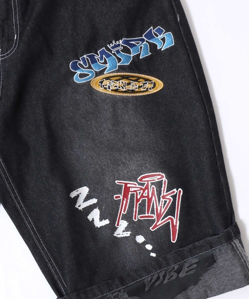 SITRY(シトリー)の「Street Design Patch & Print Roll Up Denim Wide Short Pants/ストリートデザイン ワッペン&プリント ロールアップ ワイドデニム ショートパンツ ハーフーパンツ ショーツ(その他パンツ・メンズ・ブラック/インディゴブルー/ブラック系その他/ブルー系その他・L/M)」の13枚目の写真