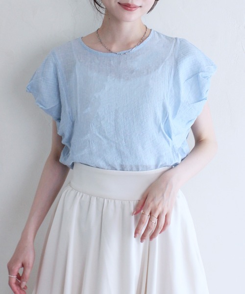 Reurie'(レウリィ)の「紐付きバルーンスリーブシャツ / シンプル きれいめ 大人カジュアル フェミニン オフィスカジュアル 夏服 夏コーデ(シャツ/ブラウス・レディース・ブルー/ホワイト/ブラック・FREE)」の7枚目の写真