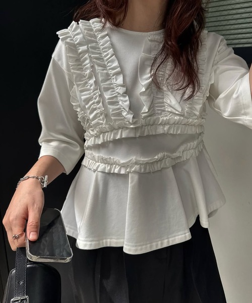 WILLFULLY（ウィルフリー）の「random frill peplum smooth tops（Tシャツ/カットソー・レディース・アイボリー/ブラック・FREE）」の8枚目の写真
