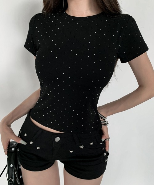 VEILA(ヴェイラ)の「ビジューTシャツ(Tシャツ/カットソー・レディース・ホワイト/ブラック/グレー・フリー)」の2枚目の写真