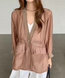 【4色展開】Vネックシアージャケット シアーシャツカーディガン 無地&ドット柄