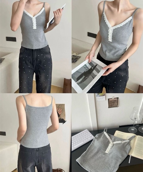 Lace Ladies(レースレディース)の「レース Vネック ボタン付き カップ付き キャミソール(キャミソール・レディース・ブラック/アイボリー/グレー・FREE)」の8枚目の写真