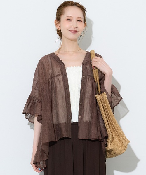 coca(coca)(コカ)の「袖フリルシアーブラウス(シャツ/ブラウス・レディース・ホワイト/ブラウン/ターコイズブルー/ブラック・L/M/S)」の3枚目の写真