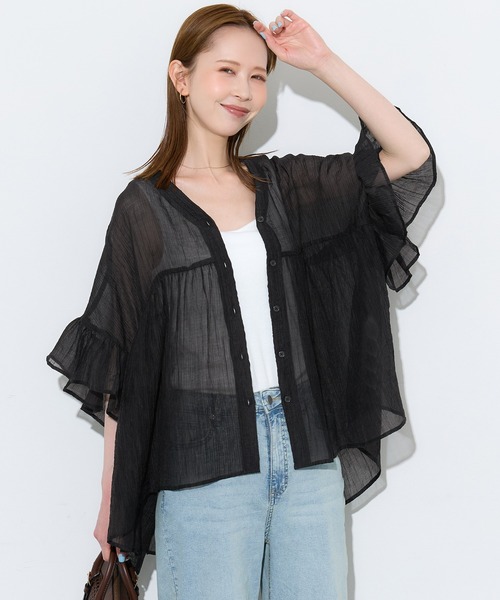 coca(coca)(コカ)の「袖フリルシアーブラウス(シャツ/ブラウス・レディース・ホワイト/ブラウン/ターコイズブルー/ブラック・L/M/S)」の1枚目の写真