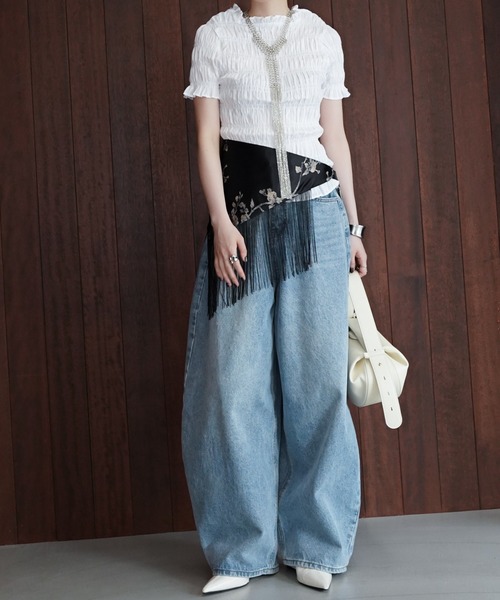 chuclla(チュクラ)の「フリルネックシャーリングトップス chw26s357(Tシャツ/カットソー・レディース・ブラウン/ホワイト・FREE)」の11枚目の写真