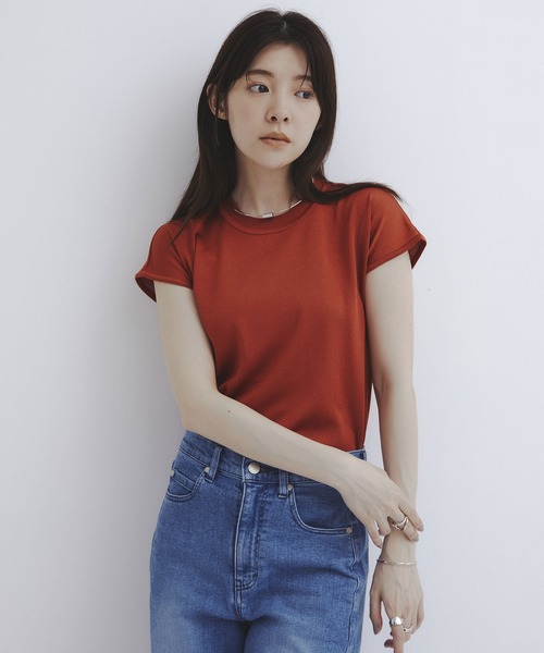 UNITED TOKYO(ユナイテッドトウキョウ)の「【新作】パレスフレンチニット|夏服/半袖/オフィスカジュアル/ウォッシャブル/接触冷感/吸湿/防シワ/フレンチスリーブ(ニット/セーター・レディース・オレンジ/グレー/グリーン/ネイビー/アイボリー/ブラック・FREE)」の1枚目の写真