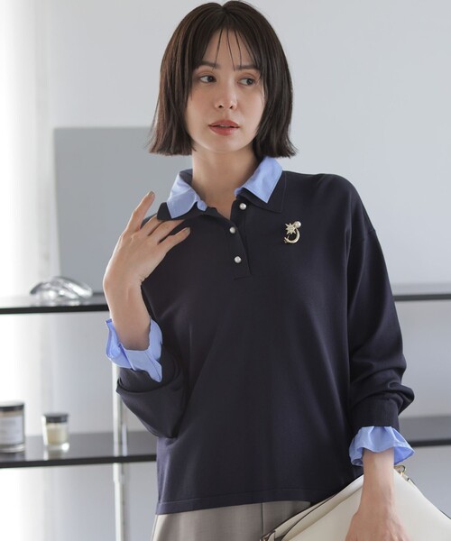 組曲(クミキョク)の「ストレッチクリアニット シャツレイヤード風プルオーバー(ニット/セーター・レディース・イエロー系/ダークブラウン系/ネイビー系・F)」の5枚目の写真