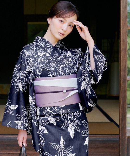 Line Art Peony Yukata 5set 浴衣5点セット【浴衣・帯・帯締め・帯留め