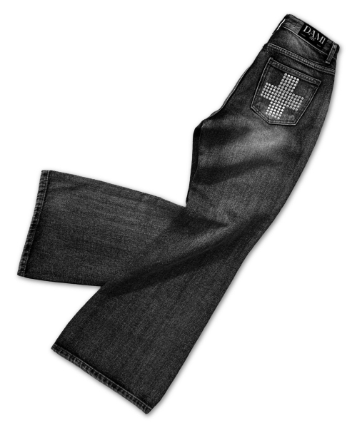 DAMISH(ダミシュ)の「クロス ホットフィックス セミフレアジーンズ_ブラック(デニムパンツ・レディース・ブラック・SMALL/MEDIUM/LARGE)」の6枚目の写真