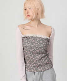 レイヤードフローラルTシャツ ピンク