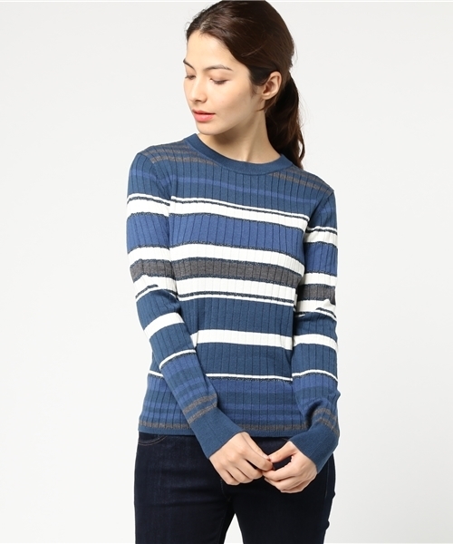 earth music&ecology（アースミュージックアンドエコロジー）の「・ワイドリブマルチボーダーニットプルオーバー（ニット/セーター・レディース・ブラック/ボルドー/ネイビー/ブルーグリーン・M/S）」の3枚目の写真