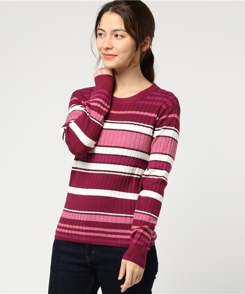 earth music&ecology（アースミュージックアンドエコロジー）の「・ワイドリブマルチボーダーニットプルオーバー（ニット/セーター・レディース・ブラック/ボルドー/ネイビー/ブルーグリーン・M/S）」の4枚目の写真