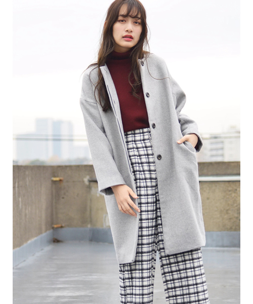 earth music&ecology（アースミュージックアンドエコロジー）の「ノーカラーコート（ノーカラージャケット・レディース・ネイビー/サックスブルー/杢グレー・FREE）」の2枚目の写真