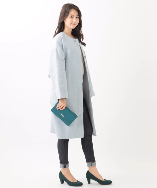 earth music&ecology（アースミュージックアンドエコロジー）の「ノーカラーコート（ノーカラージャケット・レディース・ネイビー/サックスブルー/杢グレー・FREE）」の5枚目の写真